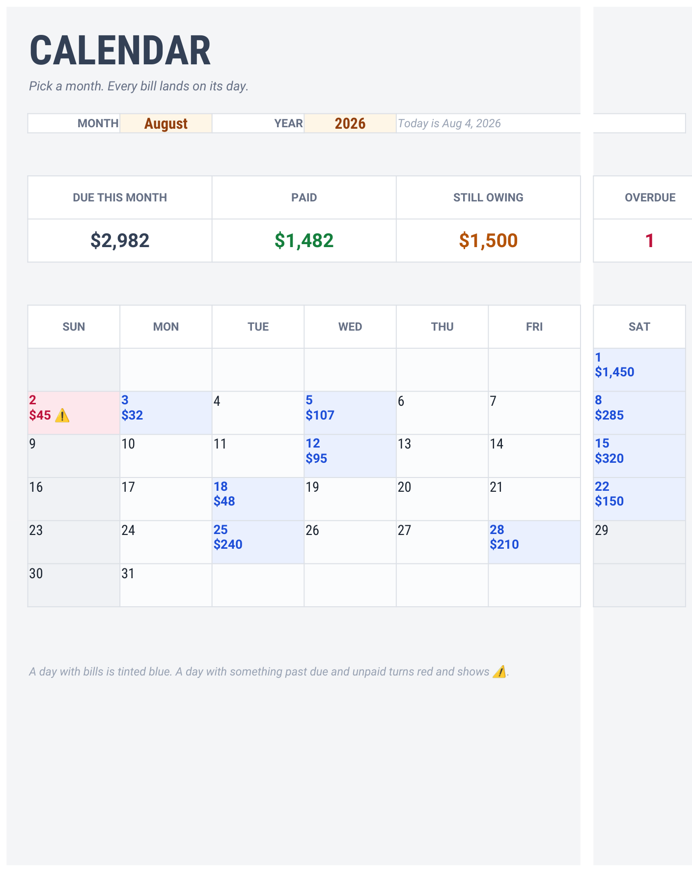 Bill Calendar — CALENDAR — a real month grid, every bill on the day it lands